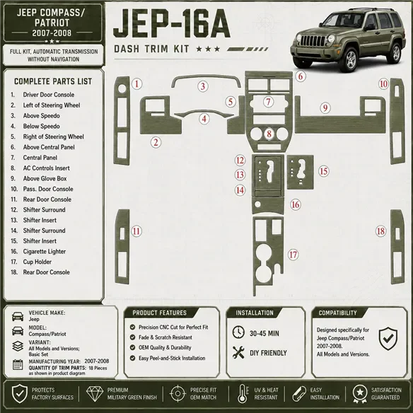Jeep Compass 2007-2008 Full Set, Automatic Gear, Without NAVI interieur dashboard decoratieset dashboard decor