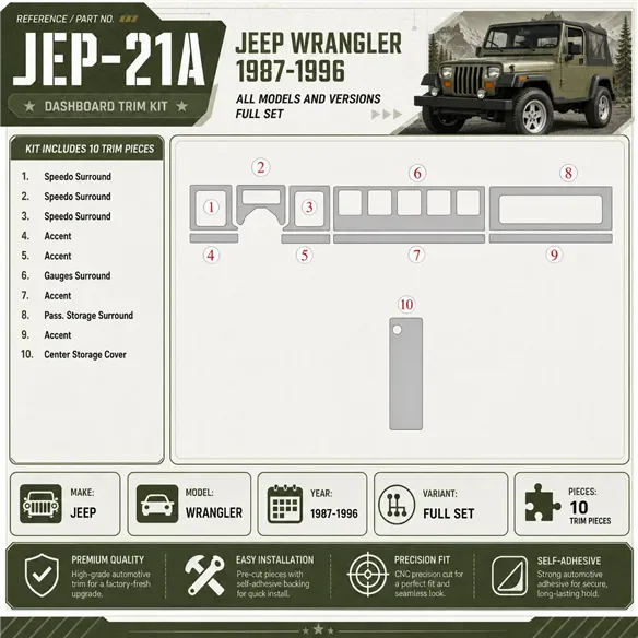Jeep Wrangler 1987-1996 Full Set Interior Dashboard Trim Kit Dash Trim Dekor
