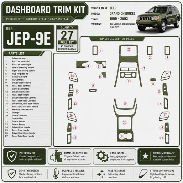 Jeep Grand Cherokee 1999-2002 juego completo kit de molduras interiores para salpicadero