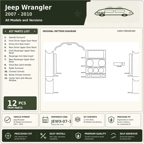 Jeep Wrangler 2007-2010 Interior Dashboard Trim Kit Dash Trim Dekor 12 Parts