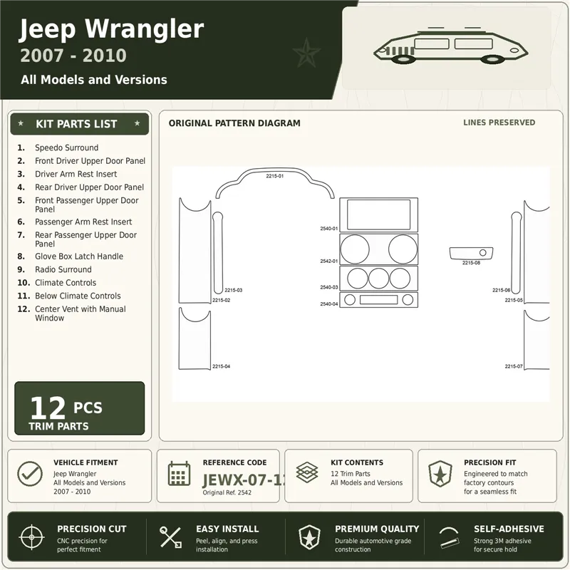 Jeep Wrangler 2007-2010 kit de molduras interiores para salpicadero 12 piezas