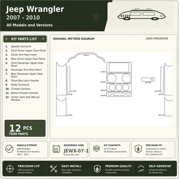 Jeep Wrangler 2007-2010 3D Cockpit Dekor Interieurleisten Set 12-teilig