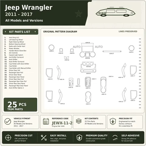 Jeep Wrangler 2011-2017 kit rivestimento cruscotto e interni 3D 25 pezzi
