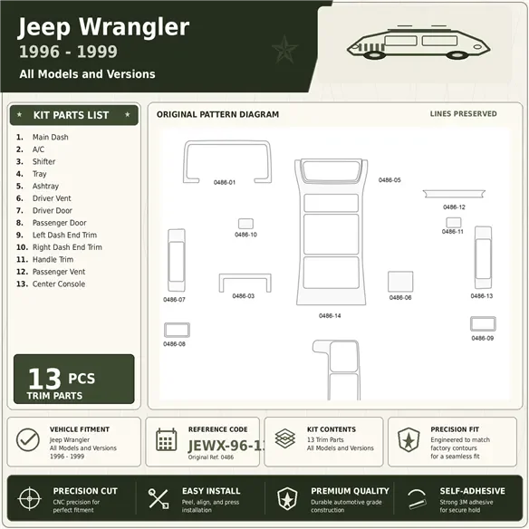Jeep Wrangler 1996-1999 interieur dashboard decoratieset dashboard decor 13 delen