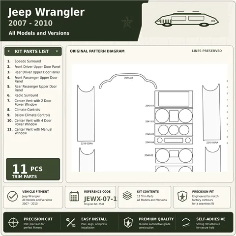 Jeep Wrangler 2007-2010 3D Cockpit Dekor Interieurleisten Set 11-teilig