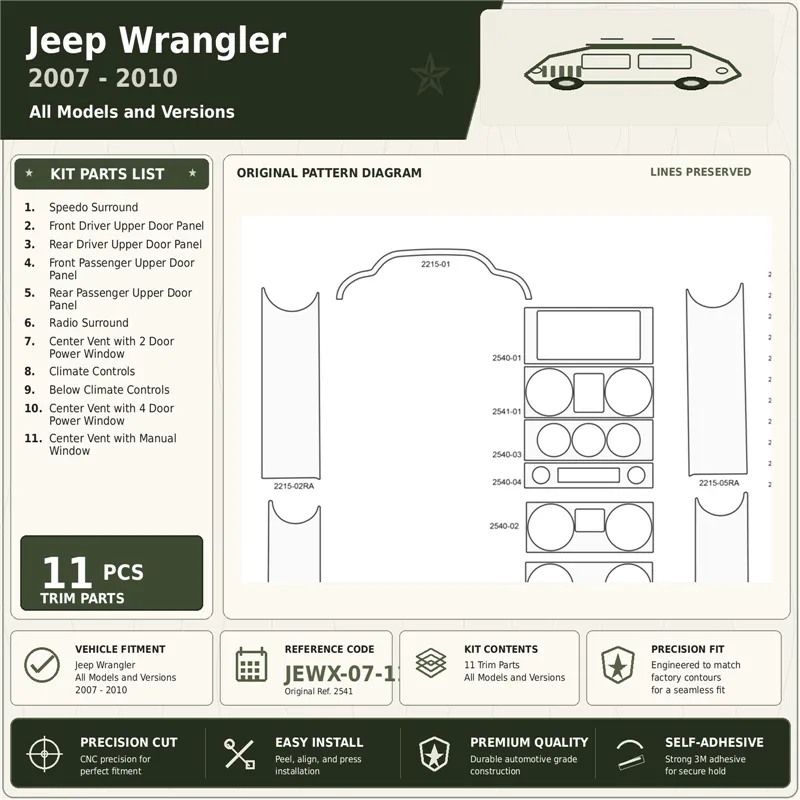 Jeep Wrangler 2007-2010 Interior Dashboard Trim Kit Dash Trim Dekor 11 Parts