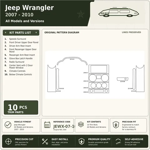 Jeep Wrangler 2007-2010 Interior Dashboard Trim Kit Dash Trim Dekor 10 Parts