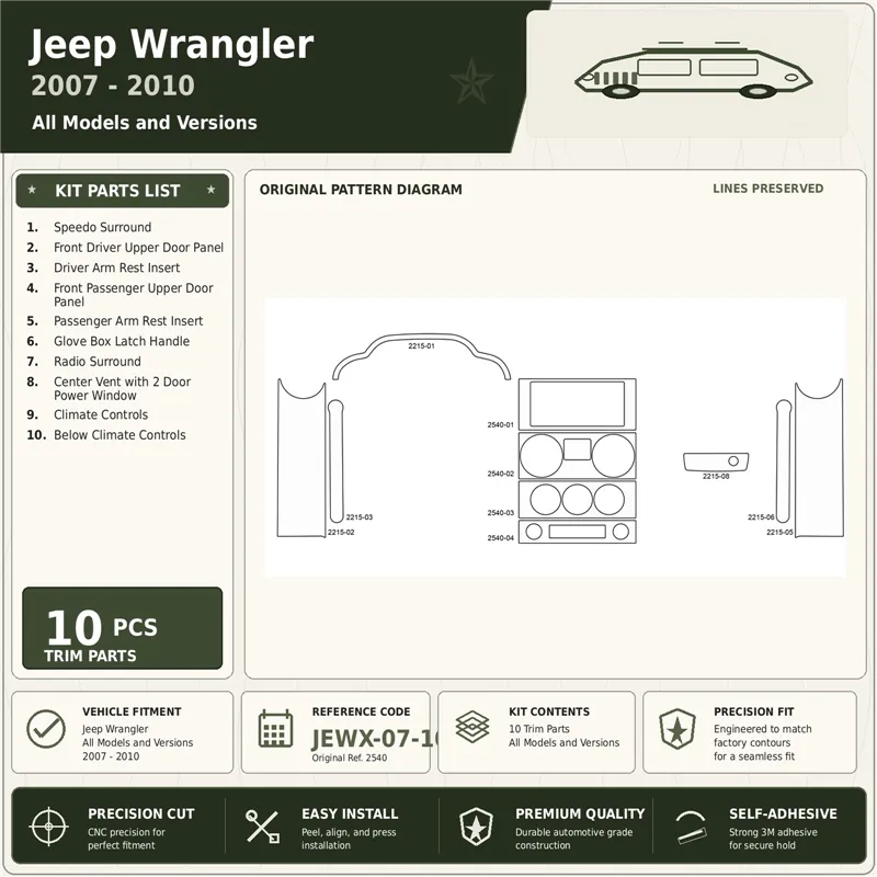 Jeep Wrangler 2007-2010 Interior Dashboard Trim Kit Dash Trim Dekor 10 Parts