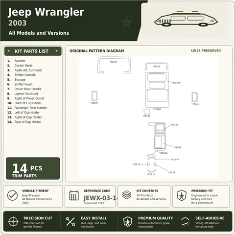 Jeep Wrangler 2003 interieur dashboard decoratieset dashboard decor 14 delen
