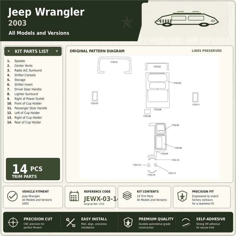 Jeep Wrangler 2003 Interior Dashboard Trim Kit Dash Trim Dekor 14 Parts