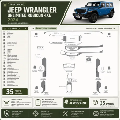 Jeep Wrangler Unlimited Rubicon 2024 Interior Dashboard Trim Kit Dash Trim Dekor 35 Parts