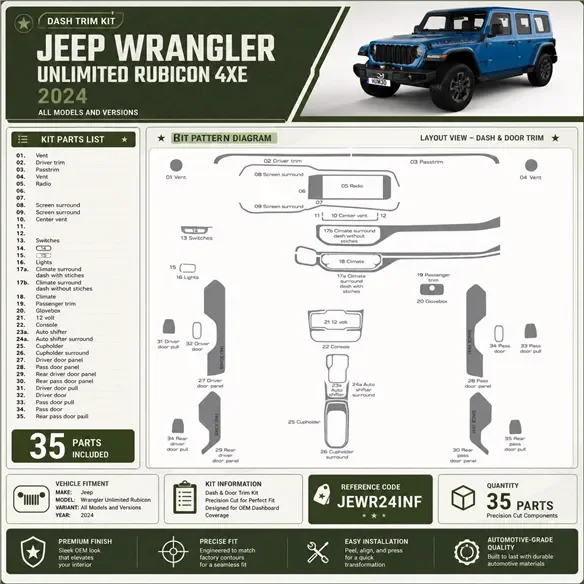 Jeep Wrangler Unlimited Rubicon 2024 Interior Dashboard Trim Kit Dash Trim Dekor 35 Parts