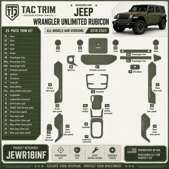 Jeep Wrangler Unlimited Rubicon 2018-2023 Interior Dashboard Trim Kit Dash Trim Dekor 25 Parts