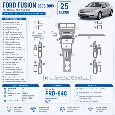 Ford Fusion 2006-2009 avec automatique Clock, automatique A/C Controls kit décoration intérieure tableau de bord