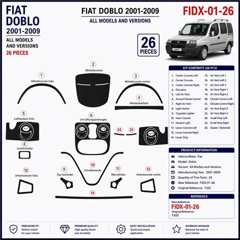 Fiat Doblo 2001-2009 kit salpicadero 3D, 26 piezas 2