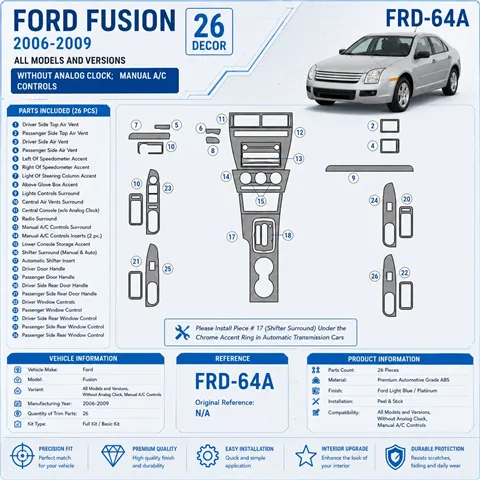 Ford Fusion 2006-2009 With Automatic Clock, caja manual A/C Controls kit de molduras interiores para salpicadero