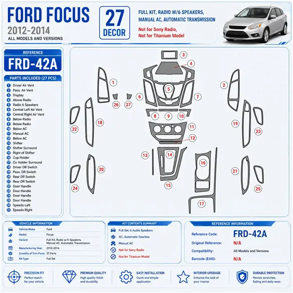 Ford Focus 2012-in poi set completo, 6 Audio-Speakers; AC; cambio automatico; Not Sony Radio kit rivestimento cruscotto e intern