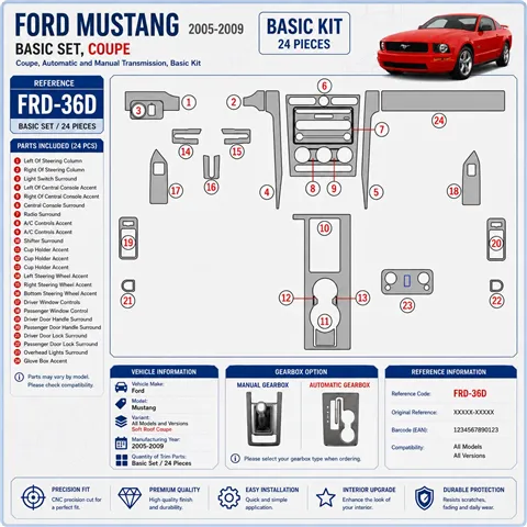 Ford Mustang 2005-2009 Soft roof-Coupe, Basic Set Interior Dashboard Trim Kit Dash Trim Dekor