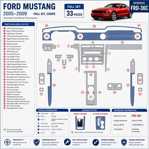 Ford Mustang 2005-2009 Soft roof-Coupe, juego completo kit de molduras interiores para salpicadero