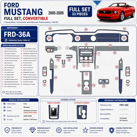 Ford Mustang 2005-2009 Folding roof-Cabrio, Full Set Interior Dashboard Trim Kit Dash Trim Dekor