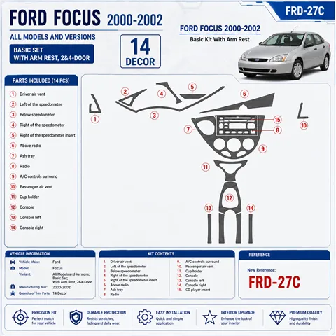 Ford Focus 2000-2002 kit de base, avec Arm Rest, 2&4 portes, 14 pièces kit décoration intérieure tableau de bord