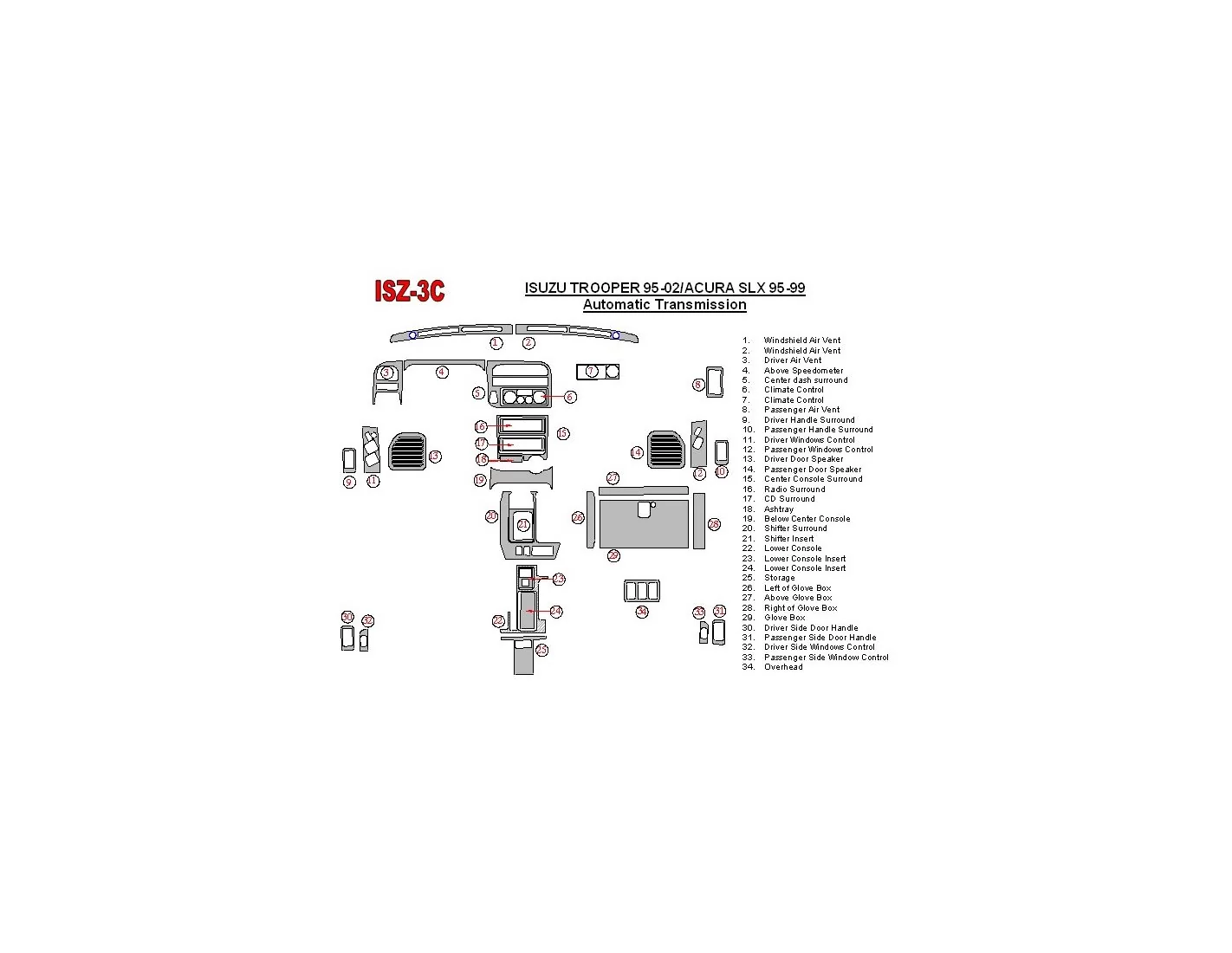 Isuzu Trooper 1995-2002 Full Set, Automatic Gear Interior BD Dash Trim Kit