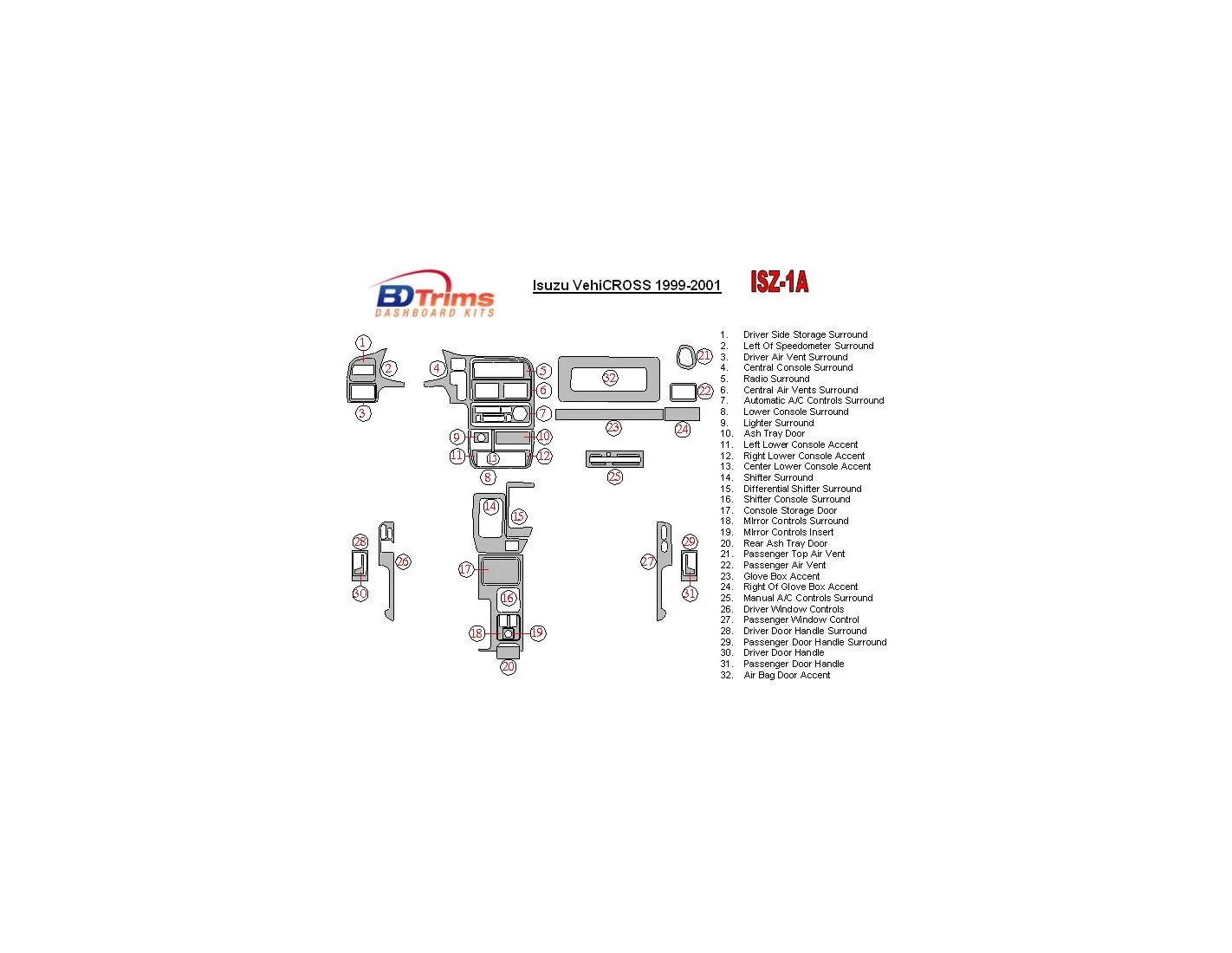 Isuzu VehiCROSS 1999-2001 Full Set Interior BD Dash Trim Kit