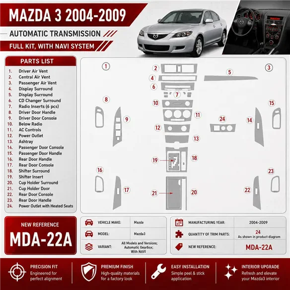 Mazda Mazda3 2004-2009 Automatic Gear, With NAVI Interior Dashboard Trim Kit Dash Trim Dekor