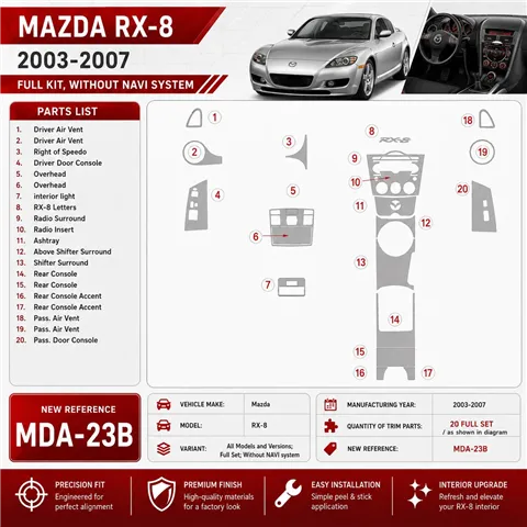 Mazda RX-8 2003-2007 Full Set, Without NAVI system interieur dashboard decoratieset dashboard decor