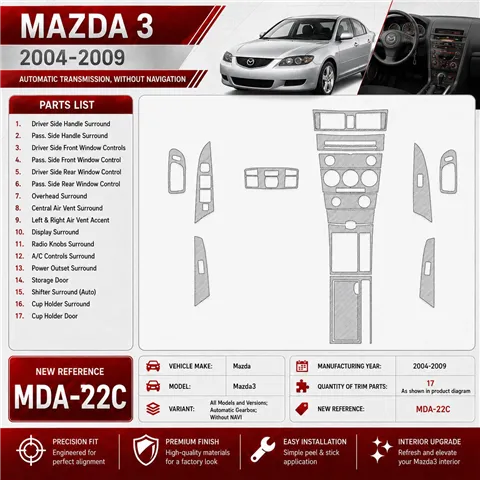 Mazda Mazda3 2004-2009 Automatic Gear, sin navegador kit de molduras interiores para salpicadero