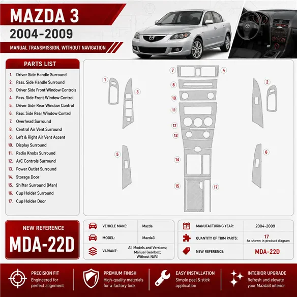 Mazda Mazda3 2004-2009 Manual Gear Box, Without NAVI Interior Dashboard Trim Kit Dash Trim Dekor
