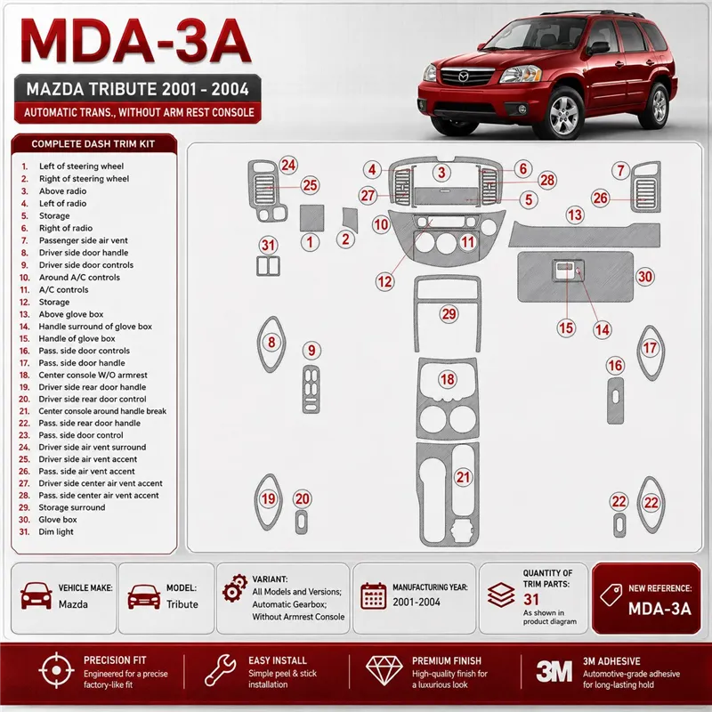 Mazda Tribute 2001-2004 Automatic Gearbox, Without Armrest Console Interior Dashboard Trim Kit Dash Trim Dekor