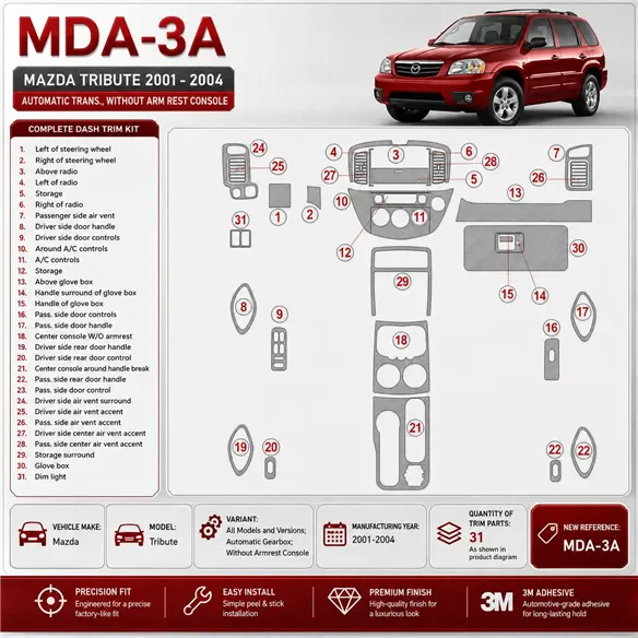 Mazda Tribute 2001-2004 caja automática, Without Armrest Console kit de molduras interiores para salpicadero