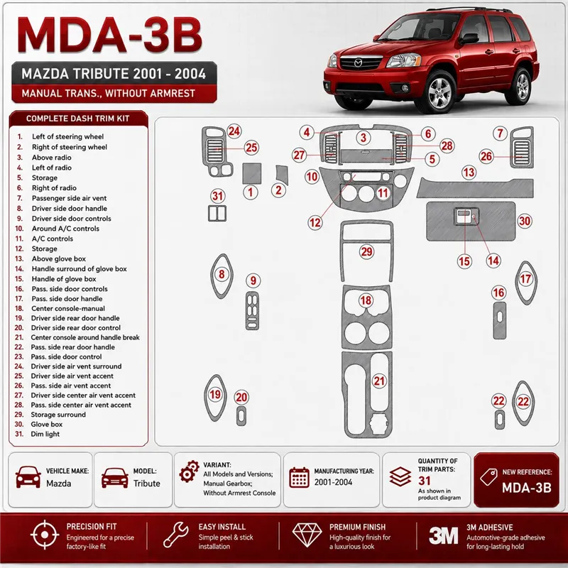 Mazda Tribute 2001-2004 Manual Gearbox, Without Armrest Console Interior Dashboard Trim Kit Dash Trim Dekor