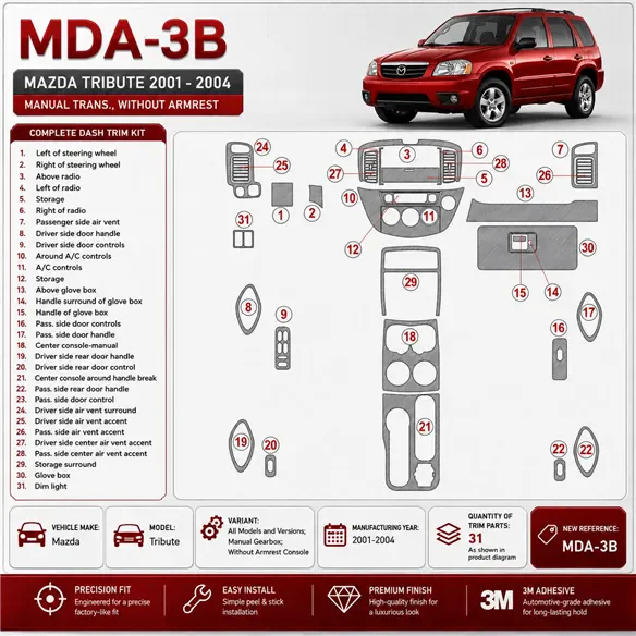 Mazda Tribute 2001-2004 Manual Gearbox, Without Armrest Console Interior Dashboard Trim Kit Dash Trim Dekor