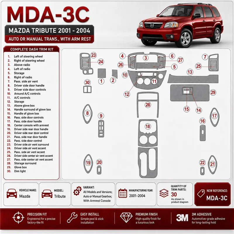Mazda Tribute 2001-2004 Auto or caja manual, With Armrest Console kit de molduras interiores para salpicadero