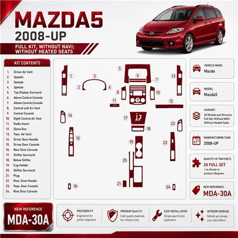 Mazda Mazda5 2008-UP Full Set, Without NAVI, Without Heated Seats Interior Dashboard Trim Kit Dash Trim Dekor