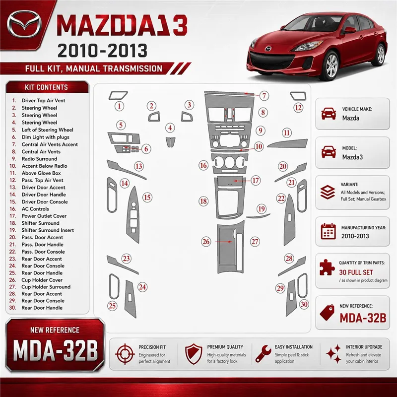 Mazda Mazda3 2010-2013 Full Set, Manual Gear Box interieur dashboard decoratieset dashboard decor