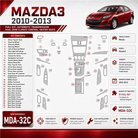 Mazda Mazda3 2010-2013 Full Set, Auto Gear, two-zone climate control, Heated Seats interieur dashboard decoratieset dashboard de