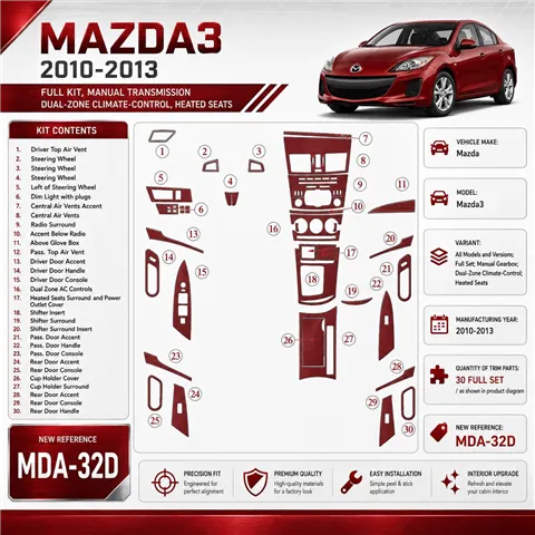 Mazda Mazda3 2010-2013 Full Set, Manual Gear, two-zone climate control, Heated Seats interieur dashboard decoratieset dashboard 