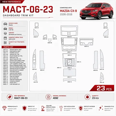 Mazda CX9 TB 2006-2016 kit rivestimento cruscotto e interni 3D 23 pezzi