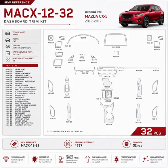 Mazda CX5 2012-2017 Interior Dashboard Trim Kit Dash Trim Dekor 32 Parts