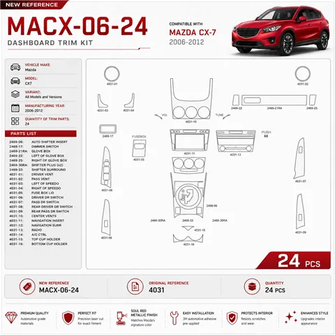 Mazda CX7 2006-2012 interieur dashboard decoratieset dashboard decor 24 delen