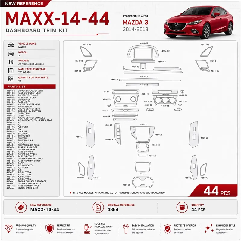 Mazda 3 2014-2018 Interior Dashboard Trim Kit Dash Trim Dekor 44 Parts