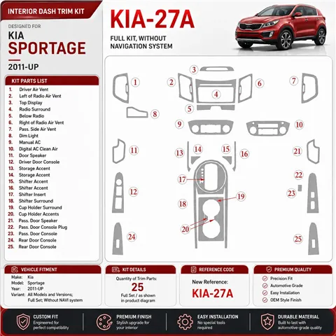 KIA Sportage 2011-heden Full Set, Without NAVI system interieur dashboard decoratieset dashboard decor