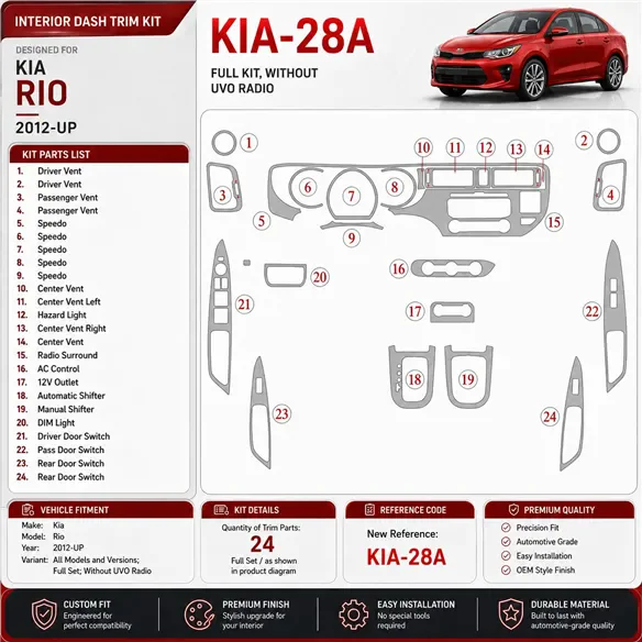 Kia Rio 2012-UP Full Set, Without UVO Radio Interior Dashboard Trim Kit Dash Trim Dekor