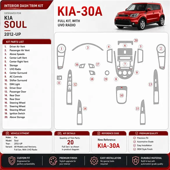 Kia Soul 2012-UP Full Set With UVO Radio Interior Dashboard Trim Kit Dash Trim Dekor