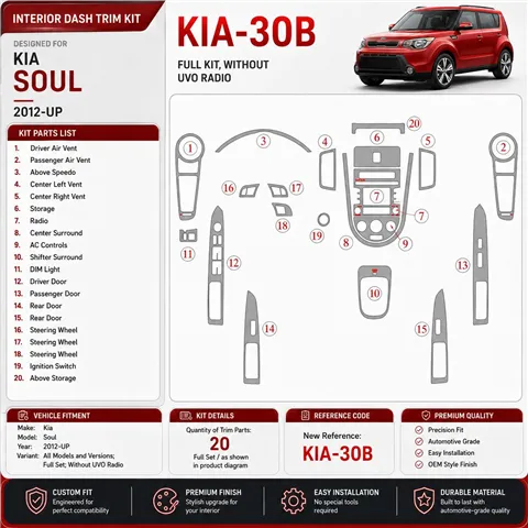 Kia Soul 2012-UP Full Set Without UVO Radio Interior Dashboard Trim Kit Dash Trim Dekor