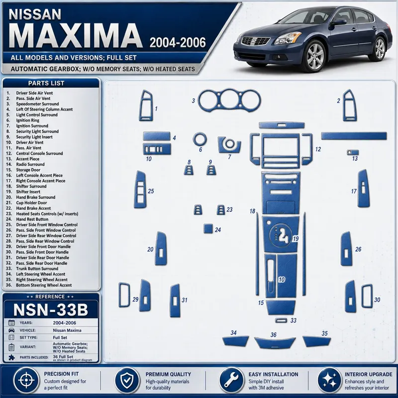 Nissan Maxima 2004-2006 juego completo, Automatic Gear, W/O Memory Seats, W/O Heated Seats kit de molduras interiores para salpi