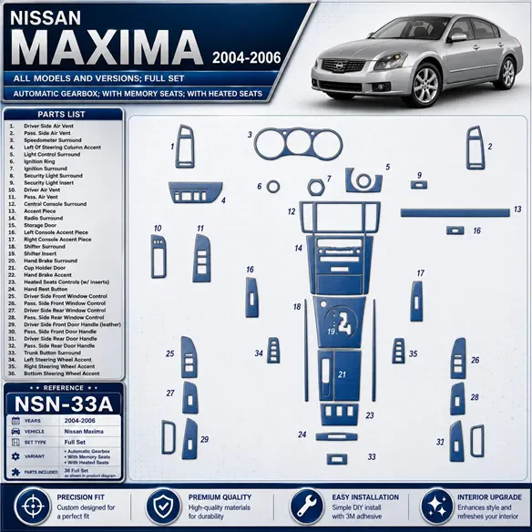 Nissan Maxima 2004-2006 Full Set, Auto Gear, With Memory Seats,with Heated Seats Interior Dashboard Trim Kit Dash Trim Dekor